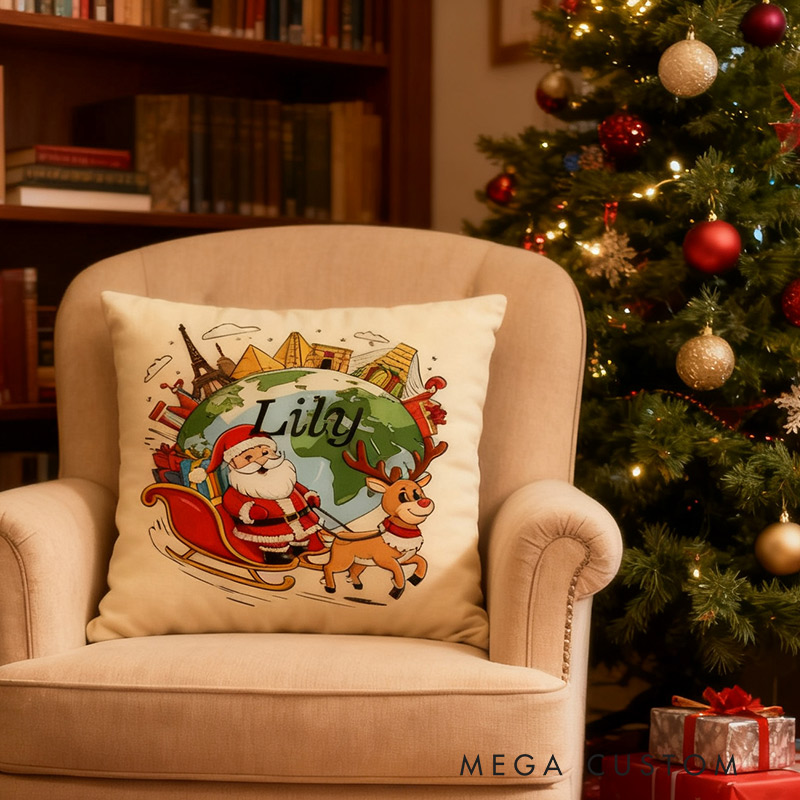 Personalized Santa’s Globe-Trotter Pillow Graphic 3D Print Pillow for Travel Lovers
