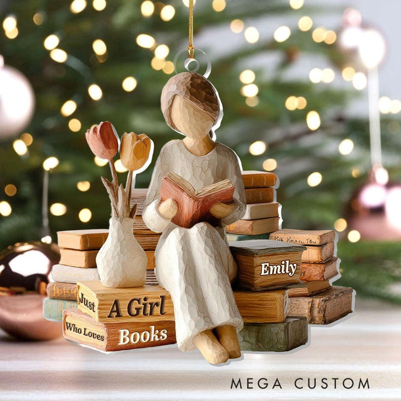 Personalized Just a Girl Who Loves Books Acrylic Christmas Ornament Cozy Reading Vibes Decor with Name Reader Gift for Bookworms Librarians