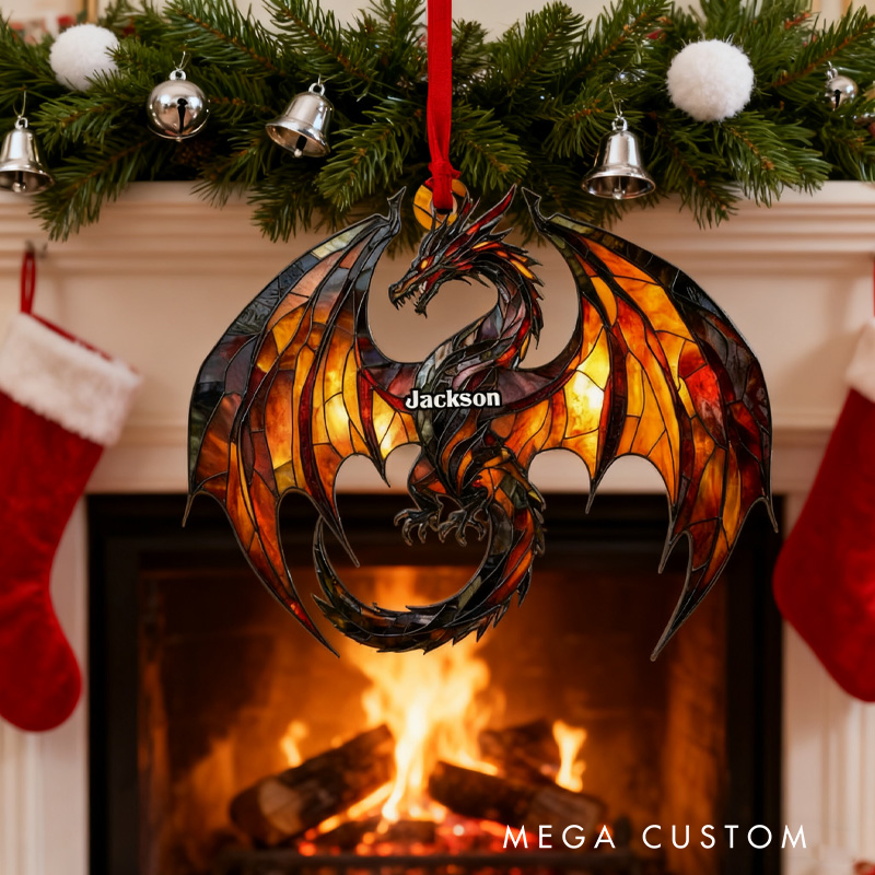 Personalized Dragon Flying 2D Flat Acrylic Christmas Ornament Dragon Xmas Decor with Name Reader Gift for Fantasy Book Lover Bookworms Librarians