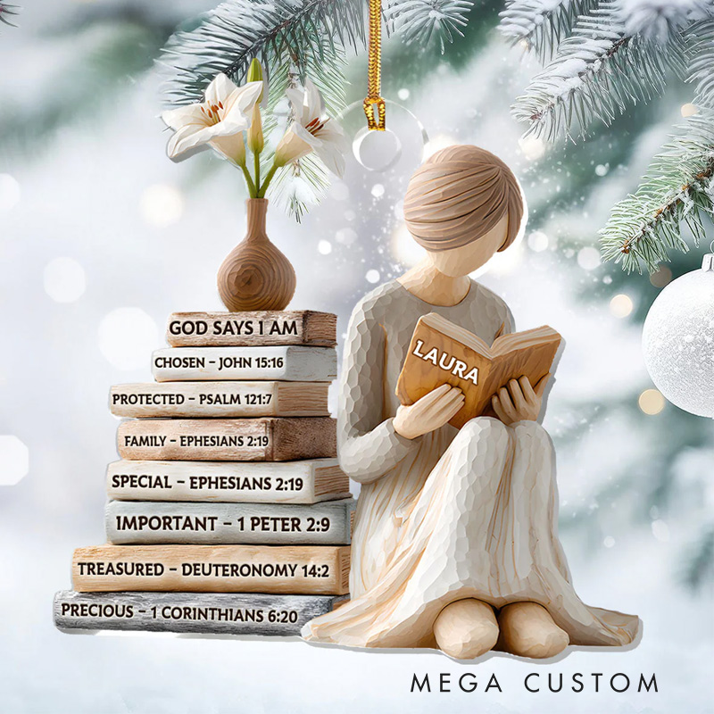 Personalized God Says I am 2D Flat Acrylic Christmas Ornament Reading Girl Xmas Decor with Name Reader Gift for Fantasy Book Lover Bookworms Librarians