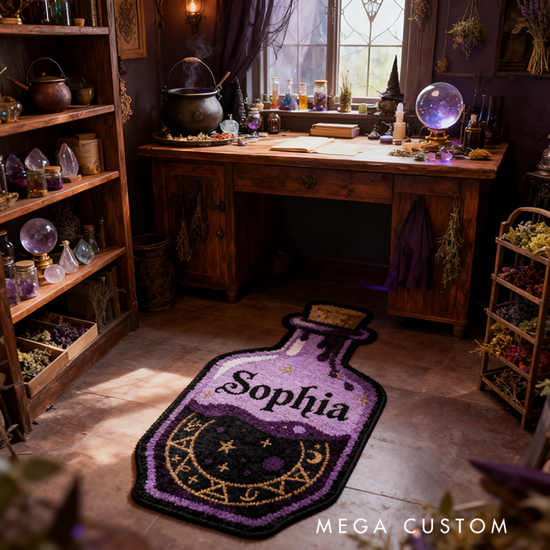 Personalized Magic Potion Bottle Rug Soft Plush Design with Mystical Purple Tones Celestial Symbols Custom Name and Witchy AestheticStyle Gift for Kids