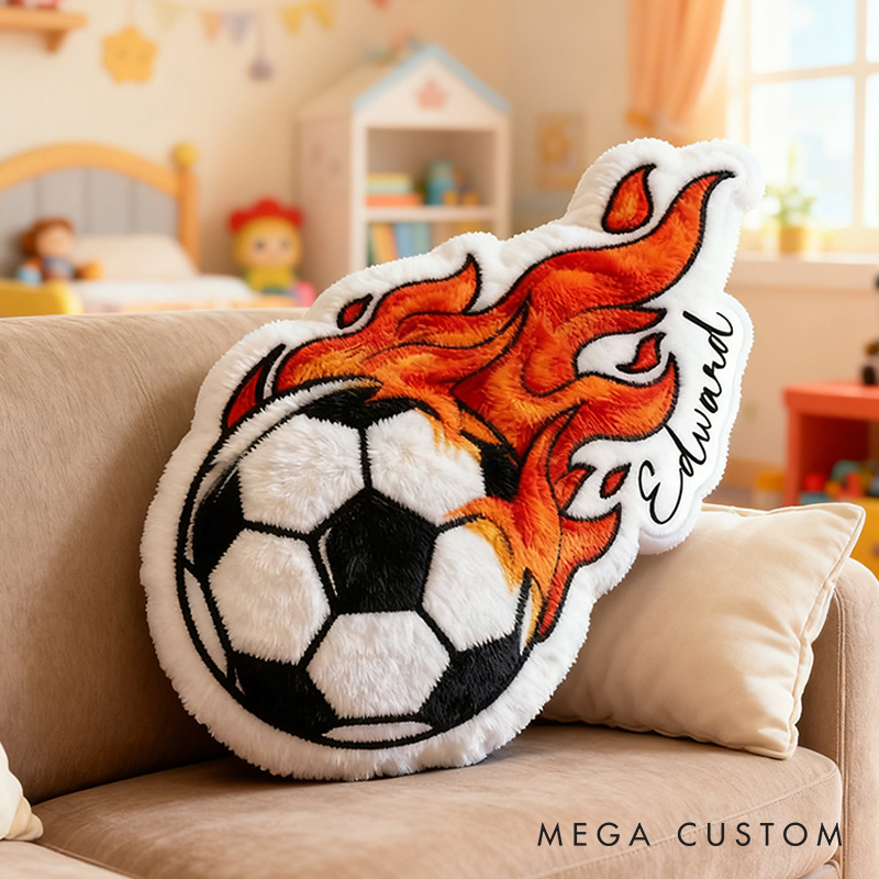 Personalized Soccer Ball Throw Pillow Featuring Fiery Design and Name for Sports Lovers and Kids