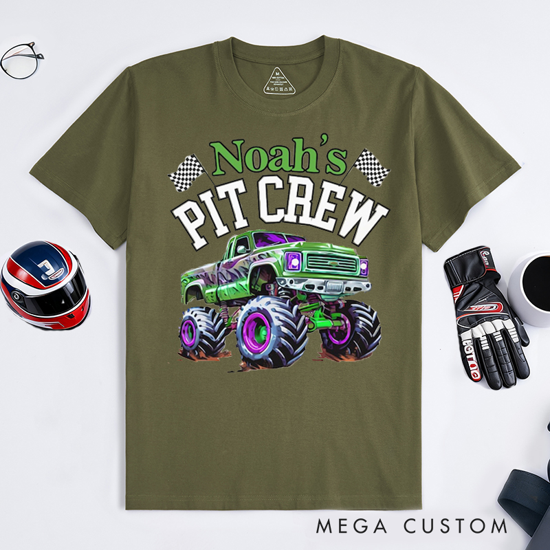 Personalized Monster Truck Pit Crew T‑Shirt Custom Name Classic Racing Tee Family Matching Shirt Car Lover Gift