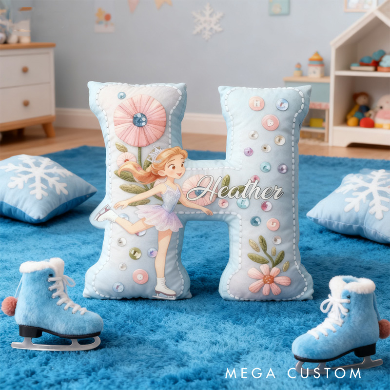 Personalized Graphic 3D Print Cartoon Ice Skating Girl Alphabet Shaped Pillow for Ice Skate Lovers Initial Pillow Christmas Gift for Kids
