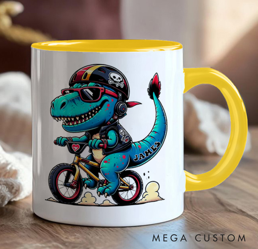 Personalized Bicycle Mug Dino Rider Bike Kids Mug Race Bike Mug Bicycle Mug Bicycle Coffee Cup Bicycle Tea Cup for Cyclistsfor Biker Cycling Riding Lovers