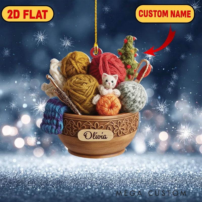 Personalized Crochet Ornament Yarn Bowl Christmas Ornament Acrylic Holiday Decor for Crochet Lover