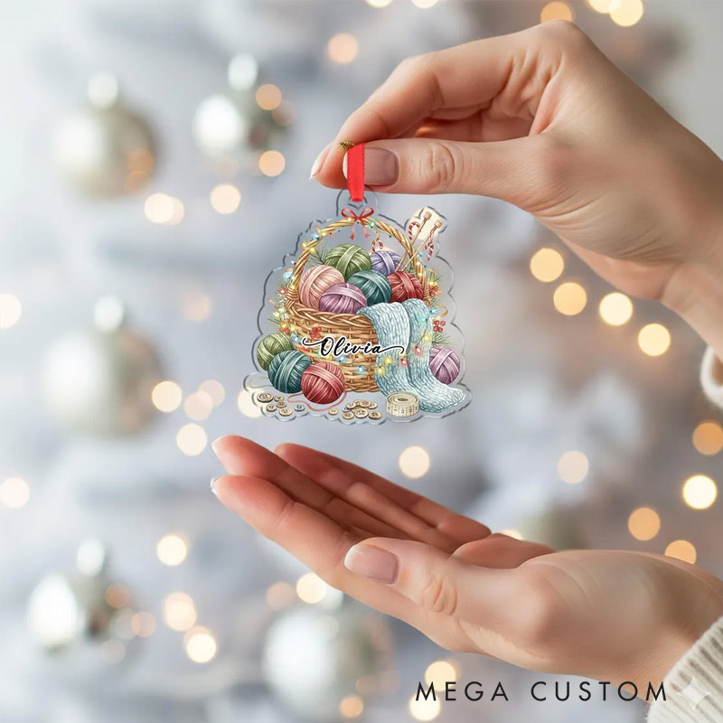  Personalized Christmas Ornament Knitting Basket with Yarn and Needles Hanging Decoration for Crochet Lover