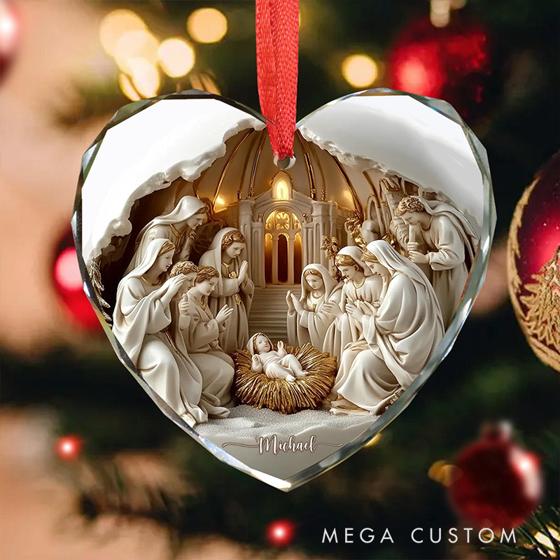 Personalized Nativitys Scene Christmas Round Heart Shaped Glass Ornament with Custom Name Regilious Christmas Tree Decor Christian for Christmas Gift
