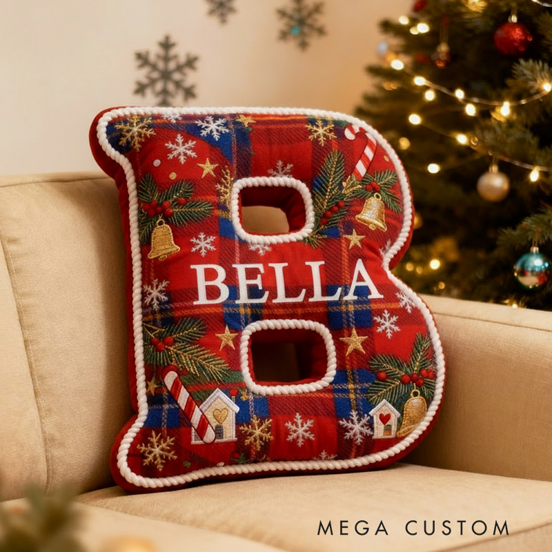 Personalized Christmas Initial Pillow Graphic 3D Print Custom Name Pillow Festive Holiday Decor Cozy Home Accent Soft Cushion Gift for Family 