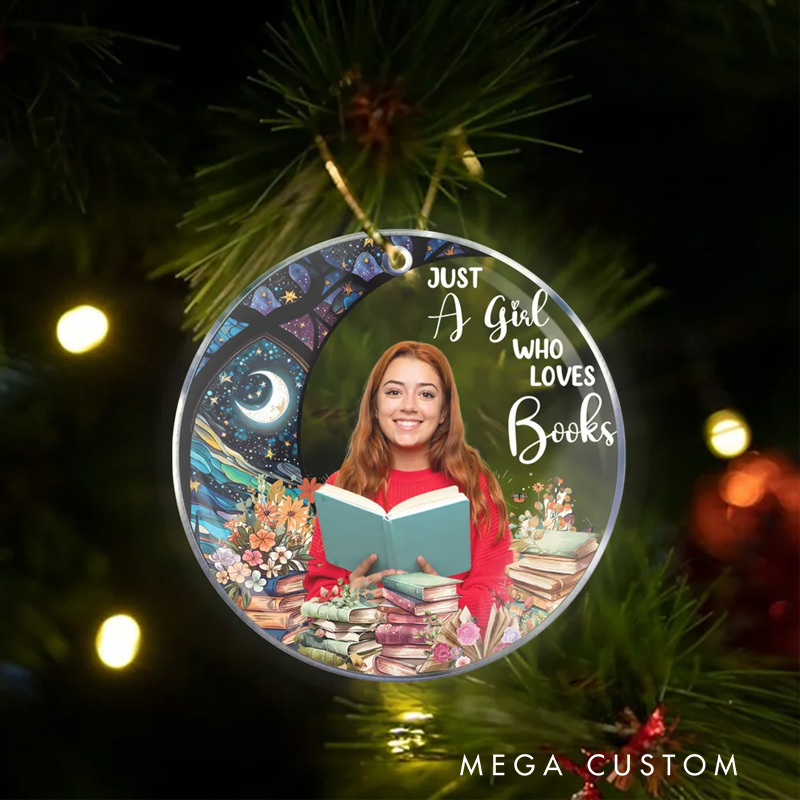 Personalized Just a Girl Who Loves Books Acrylic Ornament with Photo Moon Flower Christmas Gift for Daughter Book Lovers Reader