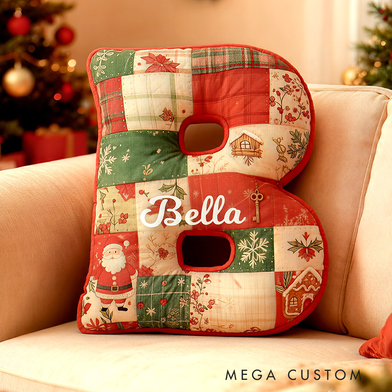 Personalized Initial Pillow Graphic 3D Print Christmas Patchwork Letters Custom Name Pillow Festive Holiday Decor Housewarming Gift for Family and Kids