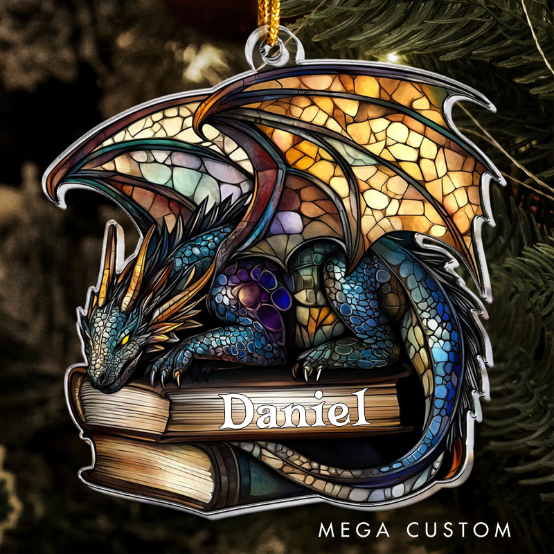 Personalized Dragon Books Acrylic Ornament with Name Christmas Gift for Book Club Librarian Book Lovers Reader