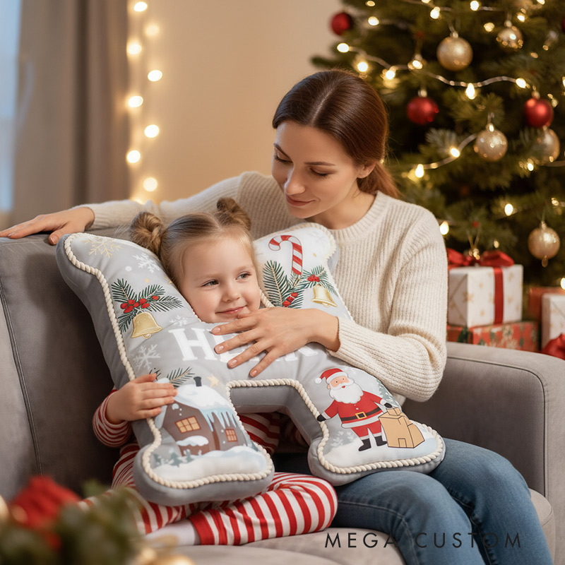 Personalized Christmas Initial Pillow Graphic 3D Print Custom Name Pillow Festive Holiday Retro Decor Housewarming Gift for Family and Kids