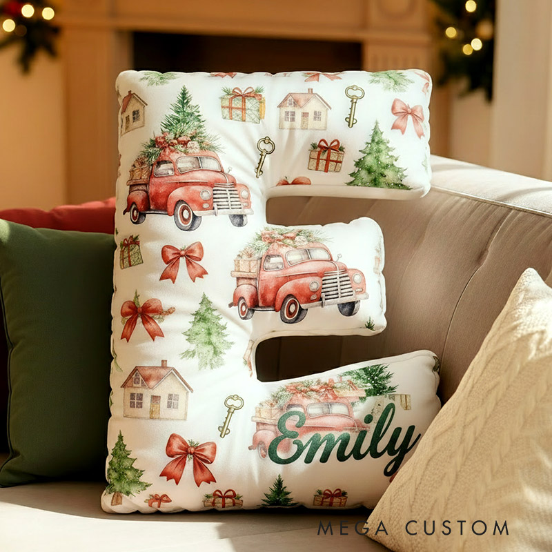Personalized Christmas Initial Pillow Graphic 3D Print Christmas Truck Custom Name Pillow Festive Holiday Pillow Housewarming Gift Family Gift 