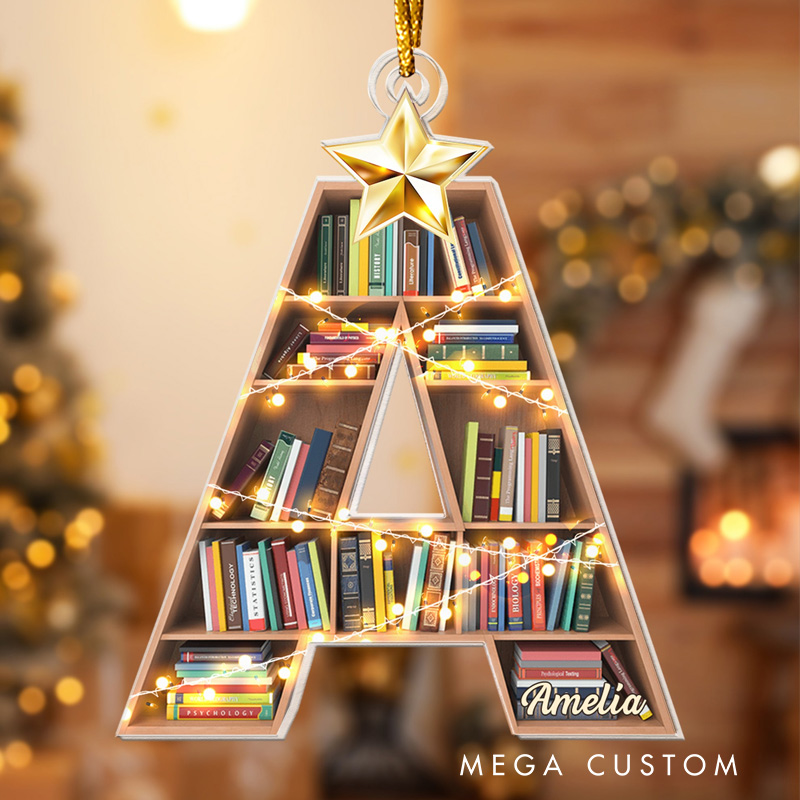 Personalized Bookshelf Acrylic Ornament with Name Bookish Letter Christmas Ornament Gift for Book Club Librarian Book Lovers