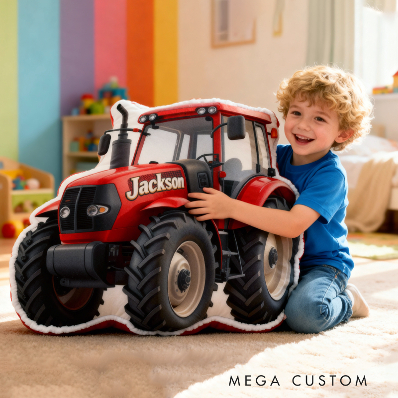 Personalized Red Tractors with Name Graphic 3D Print Pillow Christmas Gift for Kids or Baby Birthday Gift