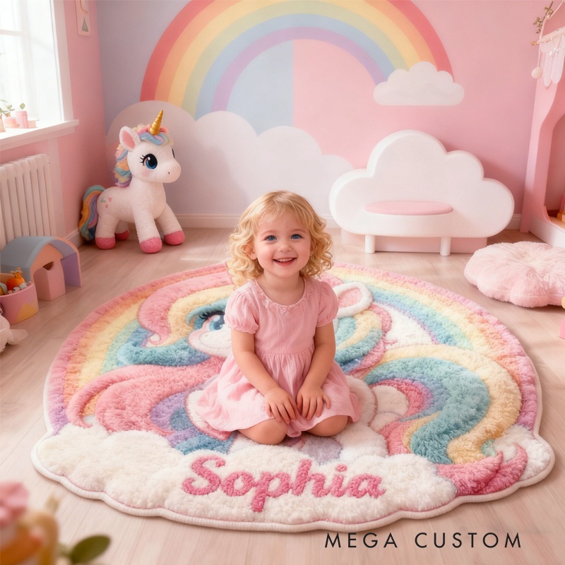 Personalized Rainbow Clouds and Dream Horse with Name Soft Rug Christmas Gift for Kids Rug Birthday Gifts for Kid