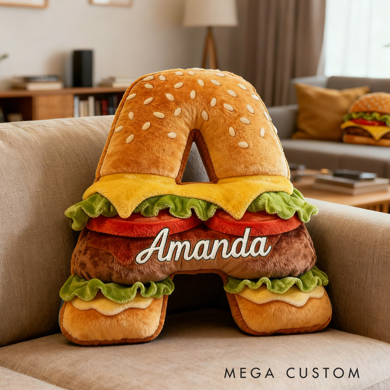 Personalized Burger Alphabet Throw Pillow Hamburger Letter Pillow with Name for Kids Girl Boy Baker Christmas Gifts Loving Room Decor