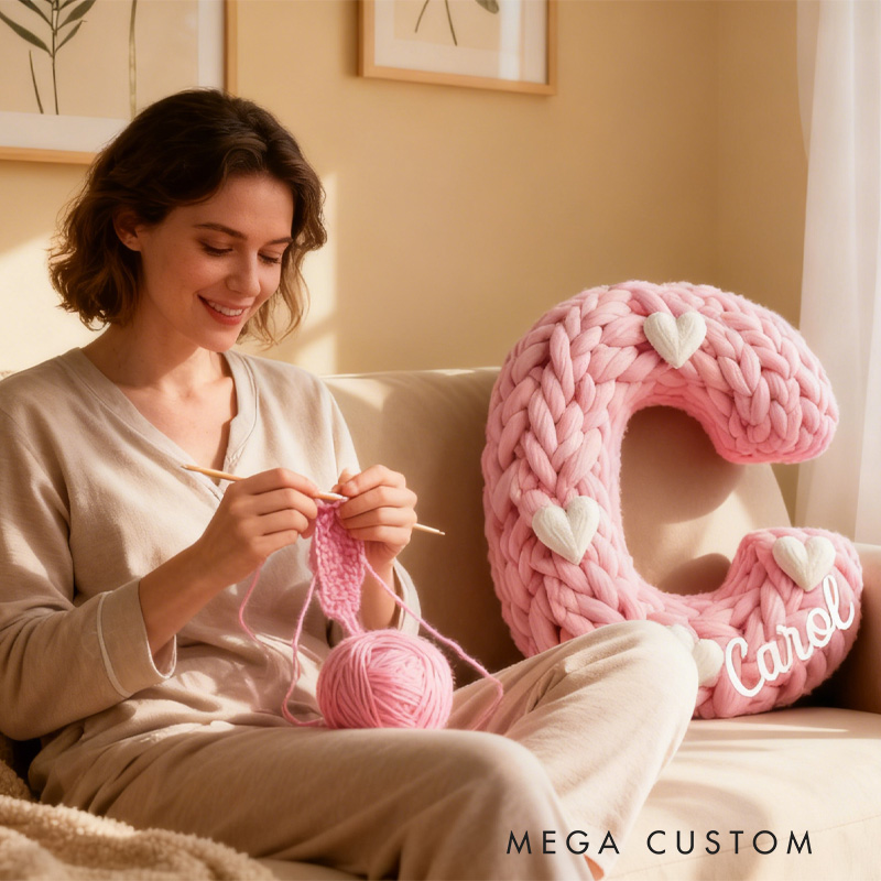 Personalized Pink Knitted Heart Alphabet Throw Pillow Knitting Letter with Name for  Girlfriend Wife Valentine's Day Gifts Loving Room Decor