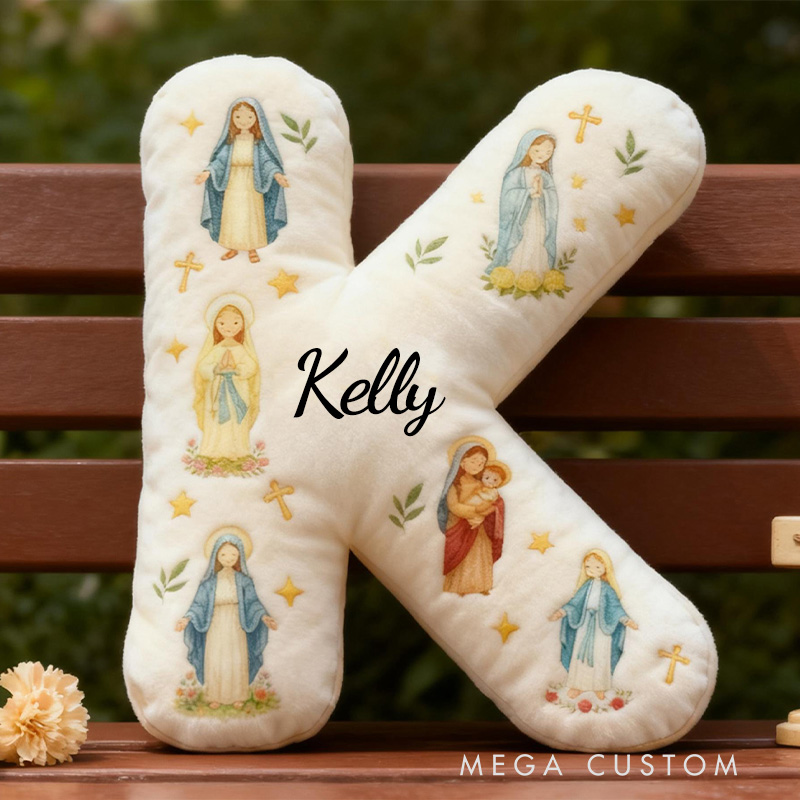 Personalized Virgin Mary Letter Pillow with Custom Name Home Decor Catholic Gift for Her Blessed Mother Gift Cross Star Olive Graphic 3D Print Pillow