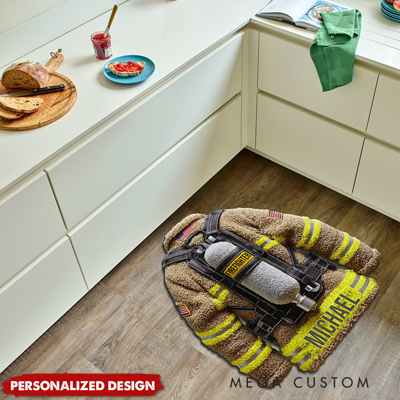 Personalized Firefighter Rug Custom Name Fireman Gear Shaped Rugs Proud Firefighter Non Slip Tufted Mat Gift for Home or Office