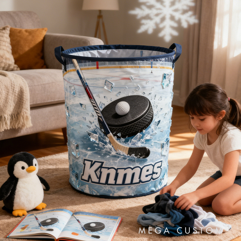 Personalized Ice Hockey Storage Basket with Custom Name and Ice Rink Design for Young Athletes and Ice Hockey Enthusiasts