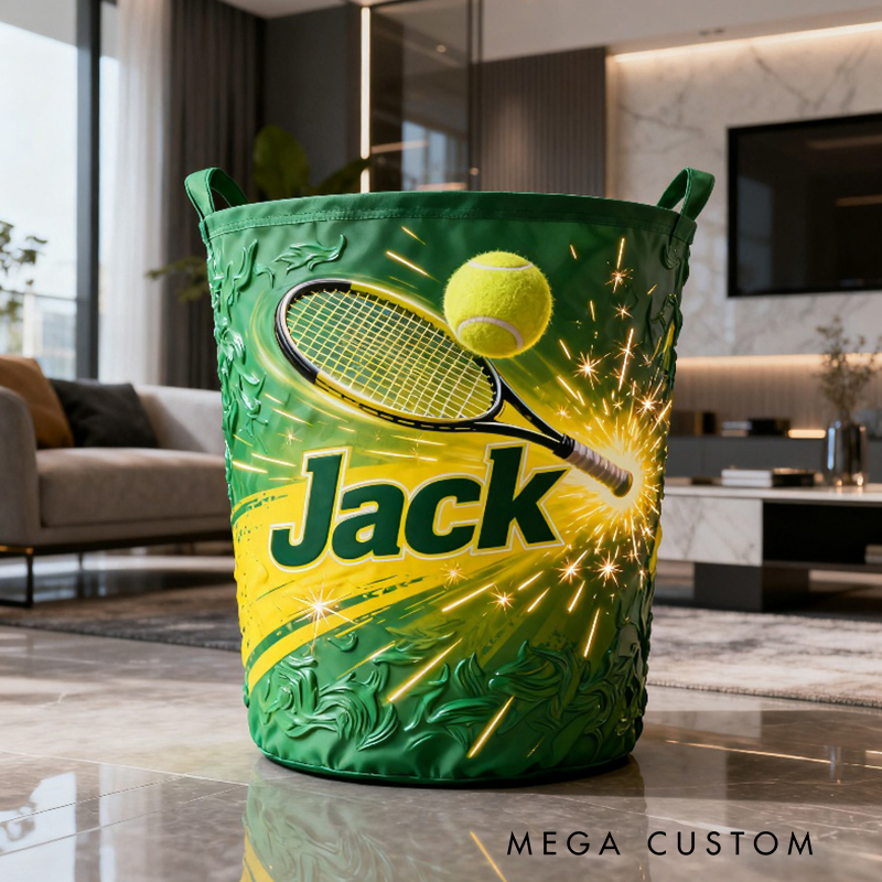 Personalized Tennis Storage Basket with Custom Name and Vibrant Green Design for Enthusiasts