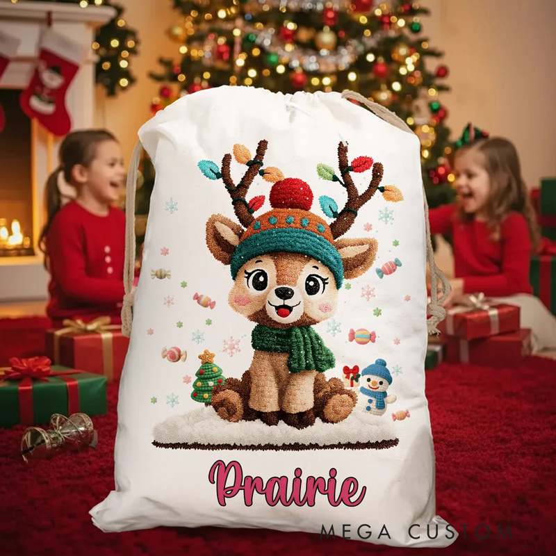 Personalized Cute Cartoon Reindeer Canvas Drawstring Gift Bag with Name Christmas Gift for Kids Family Friends