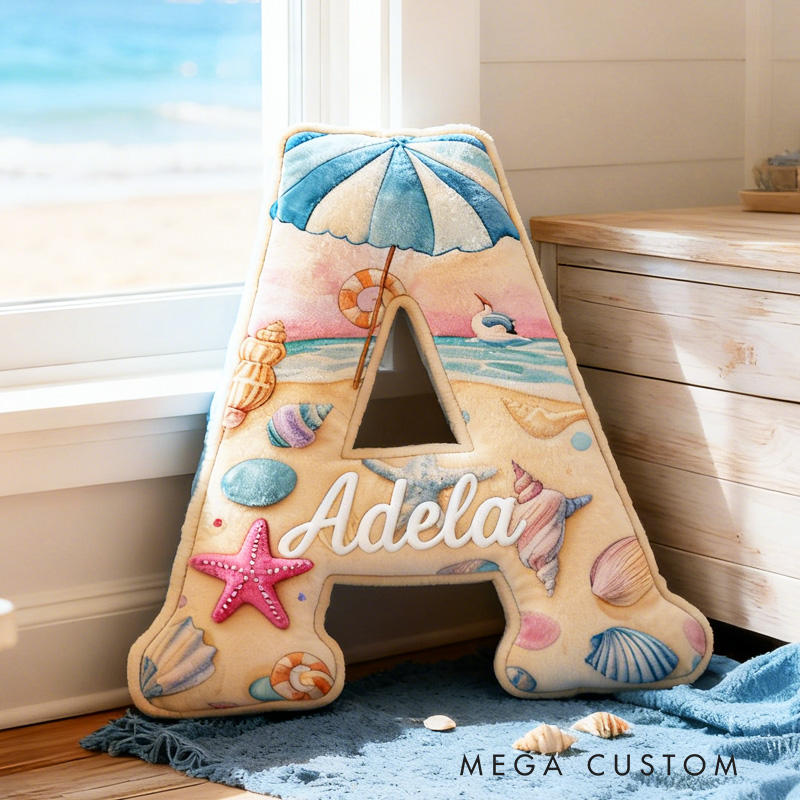 Personalized Beach Travel Alphabet Throw Pillow Seashell Letter Pillow with Name Sea Initial Pillow for Kids Boys Girls Travelling Lover Christmas Gift