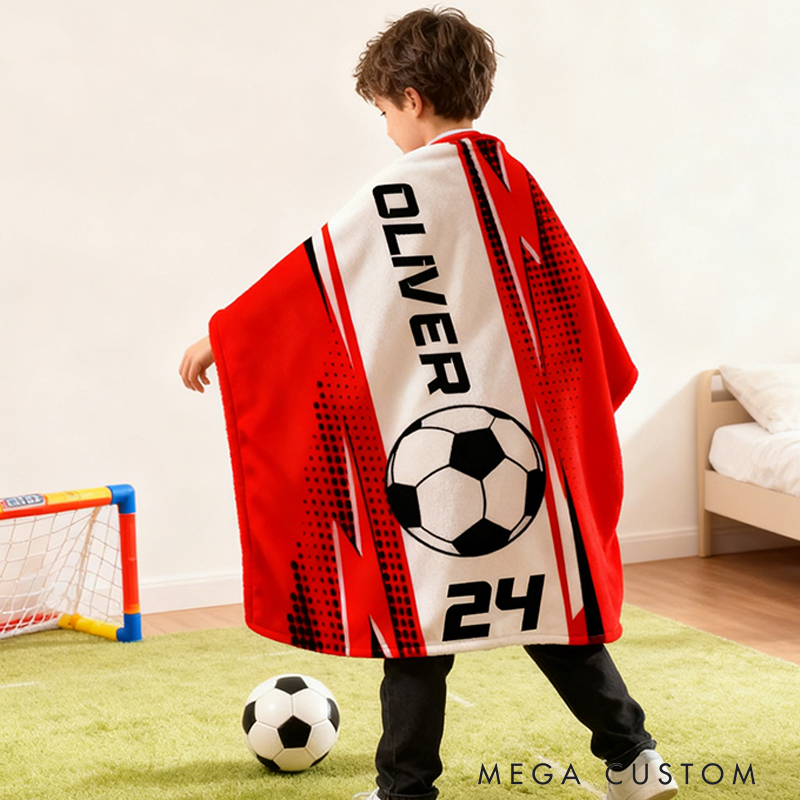 Personalized Soccer Blanket with Custom Name and Jersey Number for Soccer Fans. 