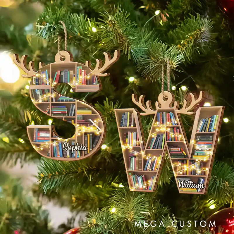 Personalized Bookshelf Alphabet Acrylic Ornament with Name Bookish Christmas Ornament Gift for Book Club Librarian Book Lovers