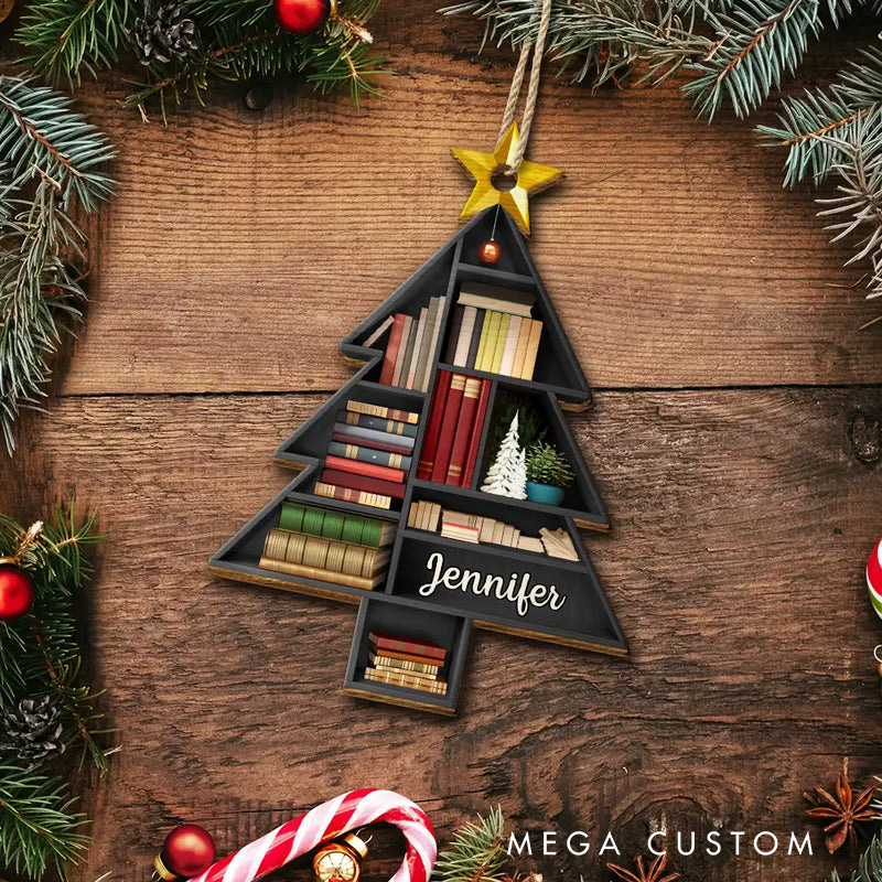Personalized Reading Bookshelves Christmas Tree Acrylic Ornament with Name Bookish Christmas Ornament Gift for Book Club Librarian Book Lovers