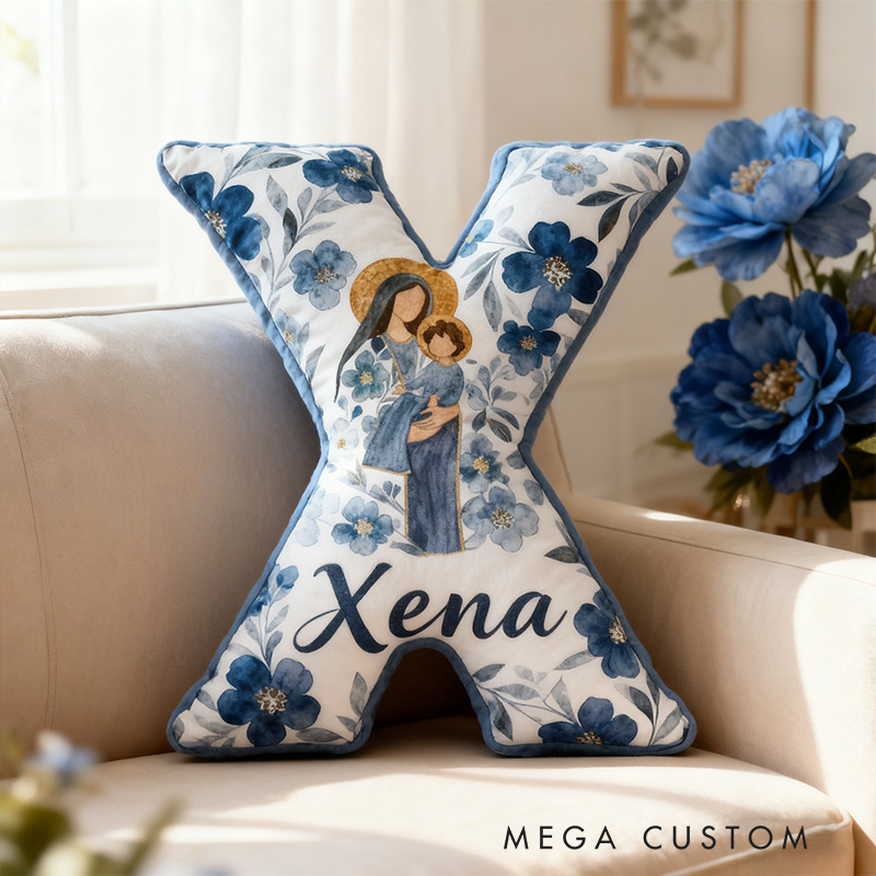 Personalized the Virgin Mary and Baby Jesus Letter Pillow with Custom Name Religious Home Decor Christian Gift Blue Floral Graphic 3D Print Pillow