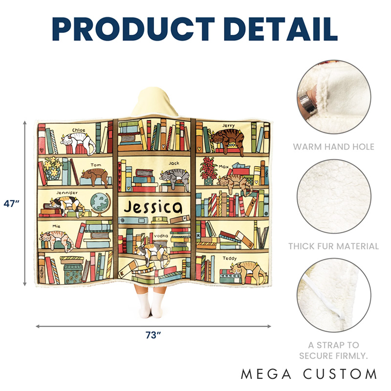 Personalized Bookshelf Blanket Hoodie Custom Wearable Blanket Hoodie with Name for Book Lovers Bookworm Birthday Gift for Bookworm