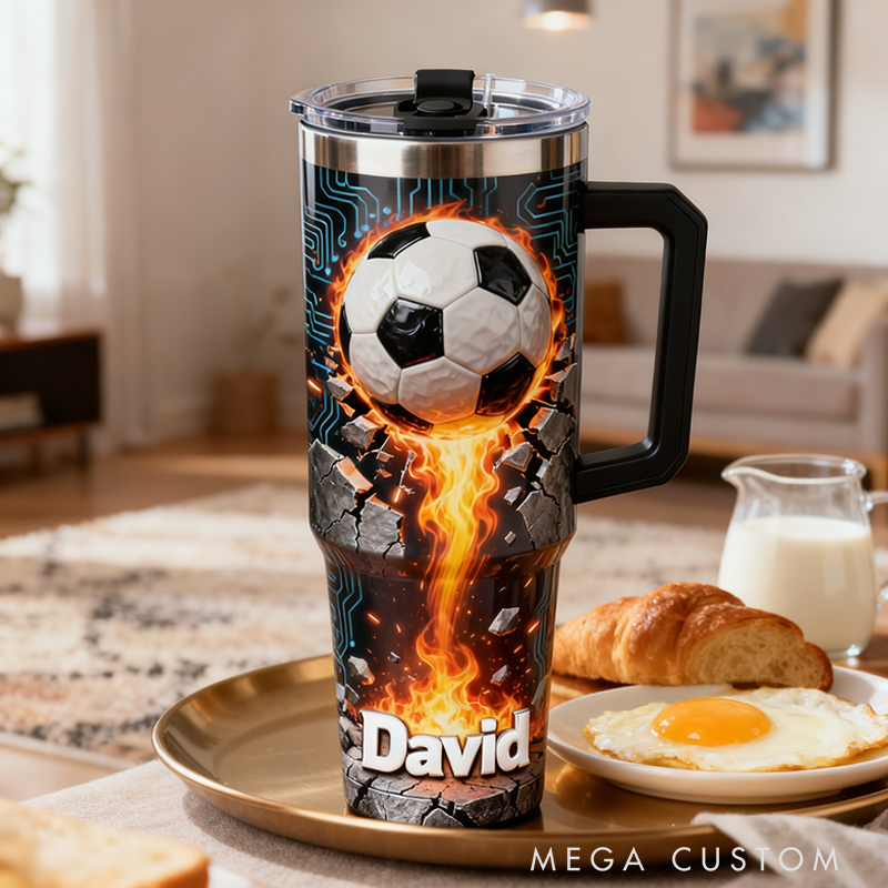 Personalized Soccer Tumbler with Custom Name and Flaming Ball Design for Fans and Athletes