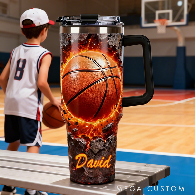 Personalized Basketball Tumbler with Custom Name and Fiery Design for Fans and Players
