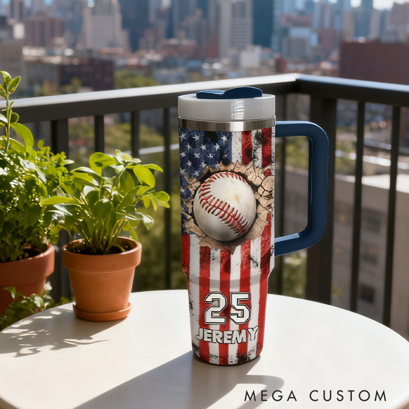 Personalized Baseball Tumbler with Custom Name, Number, and American Flag Design