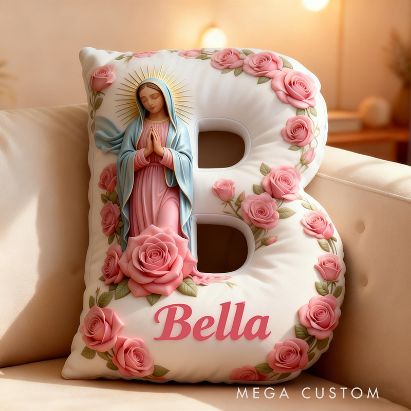 Personalized Virgin of Guadalupe Letter Pillow with Custom Name Religious Home Decor Catholic Prayer Gift for Her Pink Rose Graphic 3D Print Pillow