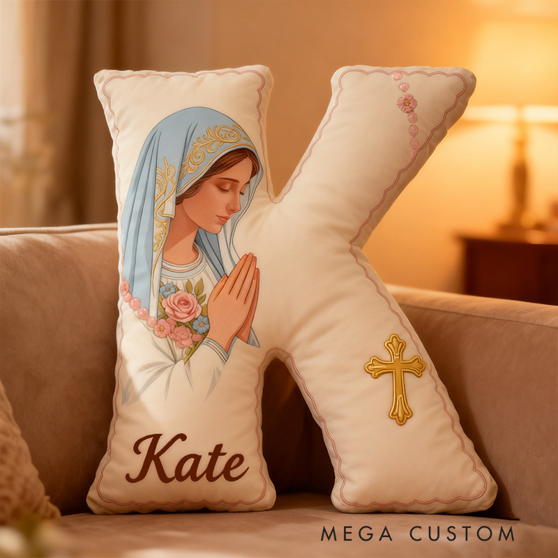 Personalized Virgin Mary Letter Pillow with Custom Name Religious Home Decor Catholic Gift for Her Gift for Prayer Faith Cross Graphic 3D Print Pillow