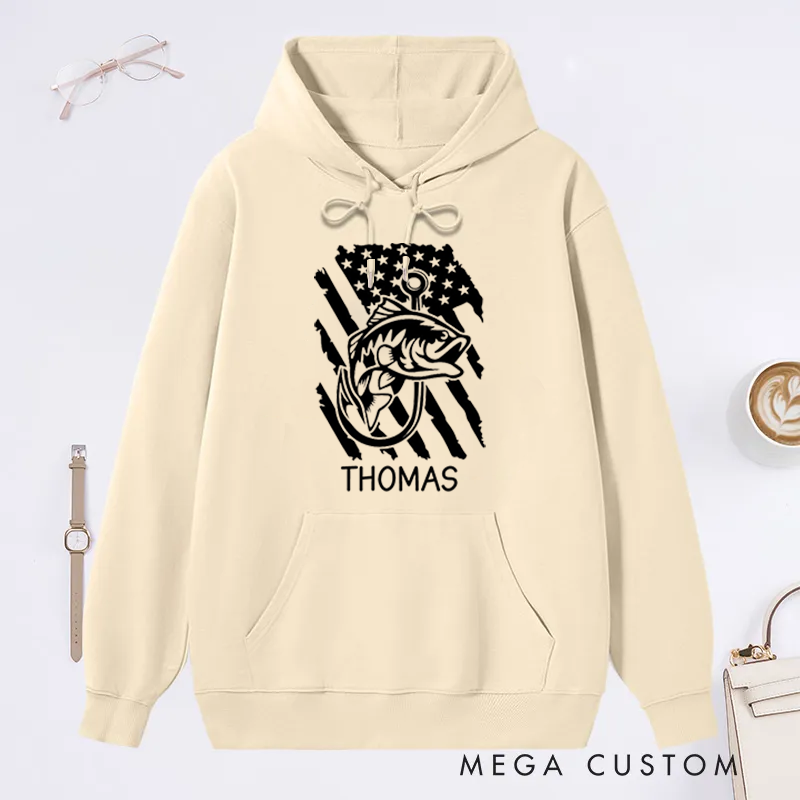 Personalized Fishing Hoodie with American Flag and Fish Design Custom Name Perfect Gift for Fishing Lovers