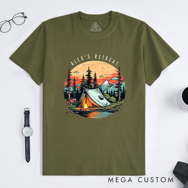 Personalized Camping Outdoors Mountain T-Shirt Forest Campfire and Tent T-Shirt for Nature Traveling Outdoors Lover Gift