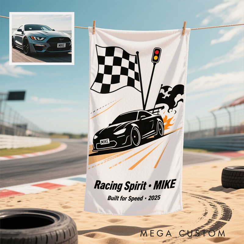 Personalized Racing Car Beach Towel Custom Name and Text Design Gift for Car and Motorsport Lovers