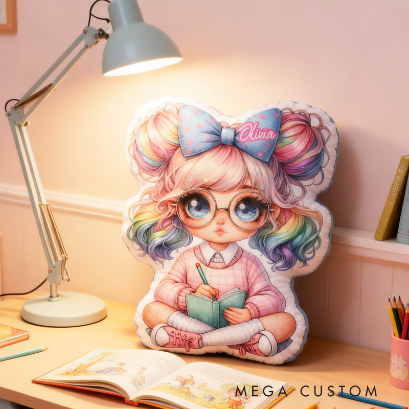 Personalized Cute Girl with Colorful Bow Hair Design Throw Pillow Cartoon Girl Pillow with Name Book Initial Pillow for Kids Boys Girls Book Lover Christmas Gift