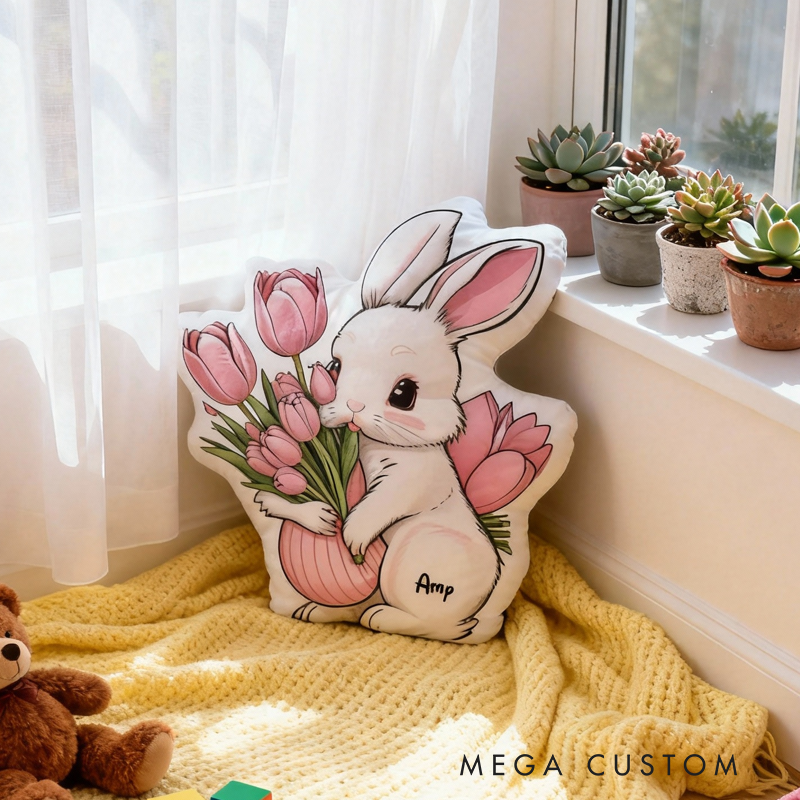 Personalized Bunny and Flower with Name Graphic 3D Print Pillow Christmas Gift for Kids or Baby Birthday Gift