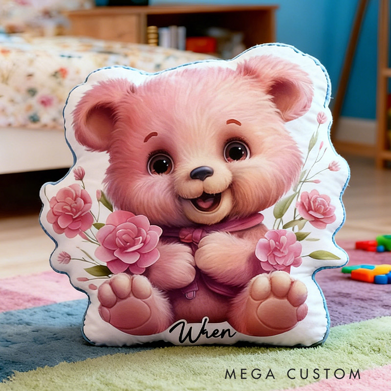 Personalized Pink Bear Pillow with Added Name and Floral Design for Kids Gardening Lovers Gift
