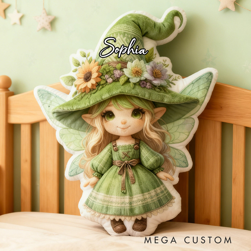 Personalized Green Fairy Pillow Garden Fae Fun Girl Pillow with Name for Kids Gardening Lovers Gift