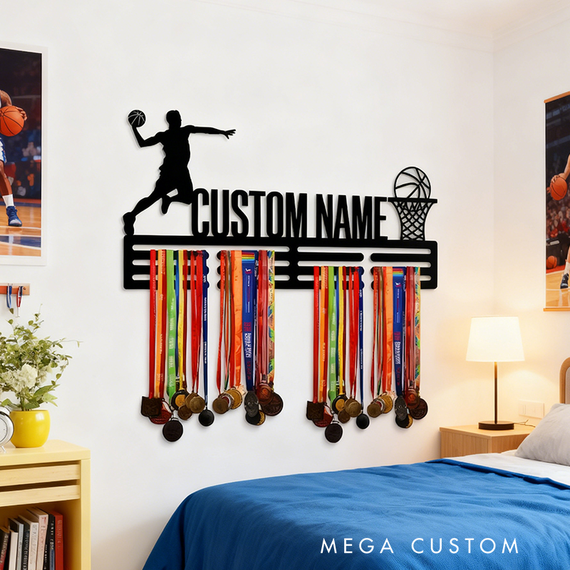 Personalized Basketball Medal Holder with Custom Name and Dunking Player Design