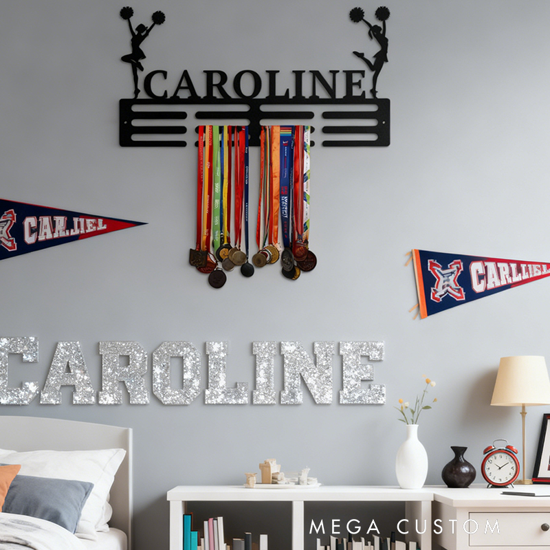 Personalized Cheerleading Medal Holder with Custom Name and Cheerleader Silhouettes Design