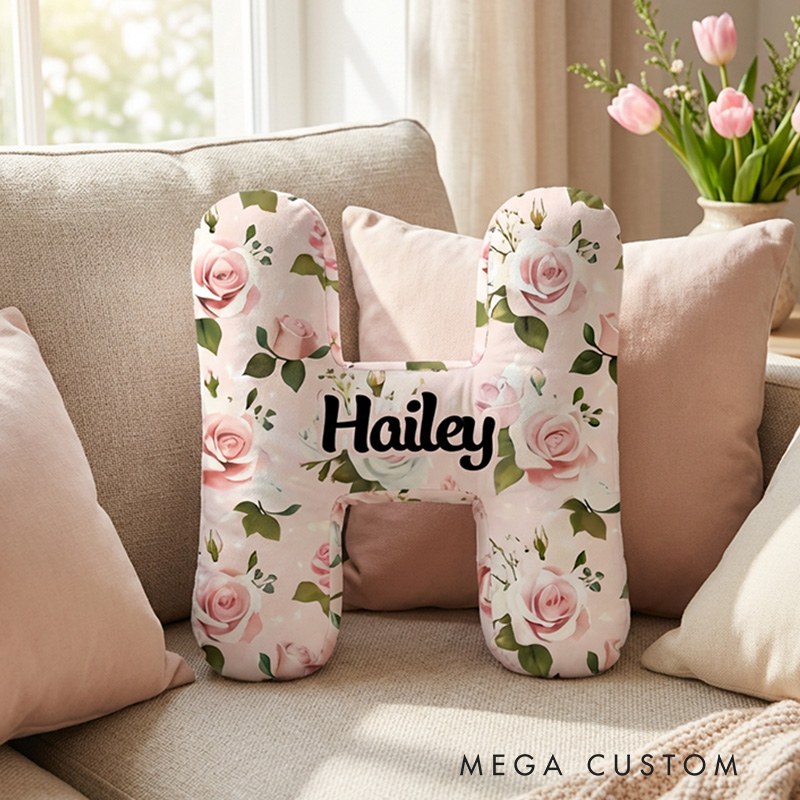 Personalized Letter Pillow with Pink Flowers Custom Name Pillow Gift for Kids Gardening Lovers Gift 