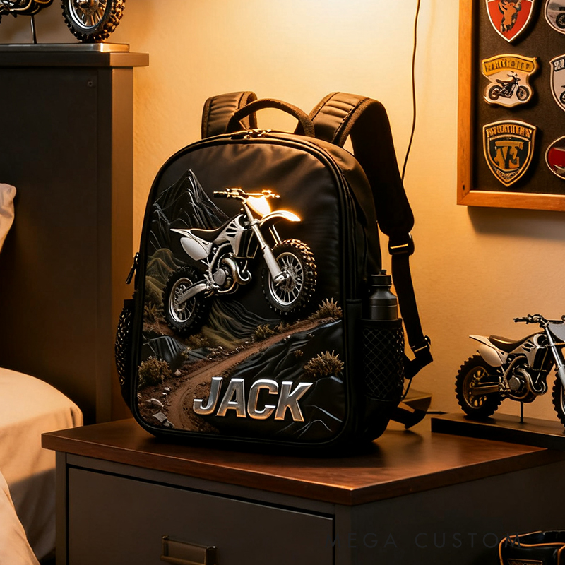Personalized Motorcycle Backpack Custom Name Dirt Bike Oxford Fabric School Bag Gift for Bikers and Motorcycle Enthusiasts